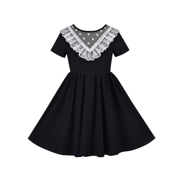 Robe Fille Noire Vintage Dentelle Dos Ouvert École Manches Courtes Robe Évasée 5 Ans