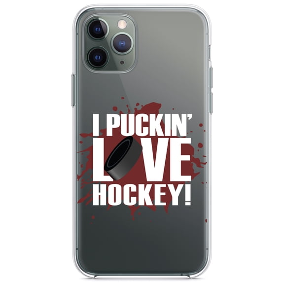 DistinctInk Clear Shockproof Hybrid Case for iPhone 13 PRO (6.1" Screen) - TPU Bumper Acrylic Back Tempered Glass Screen Protector - I Puckin' Love Hockey