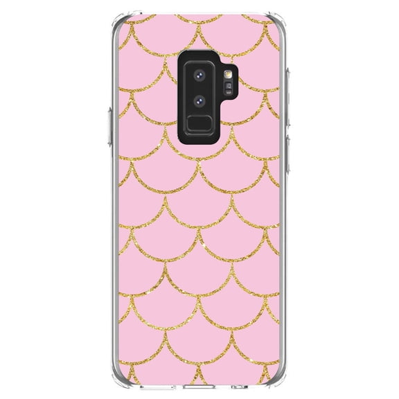 DistinctInk Clear Shockproof Hybrid Case for Samsung Galaxy S9  PLUS (6.2" Screen) - TPU Bumper, Acrylic Back, Tempered Glass Screen Protector - Pink & Gold Print - Scalloped Pattern