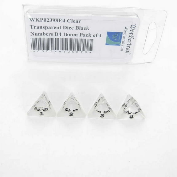 Clear Transparent Dice with Black Numbers D4 16mm (5/8in) Pack of 4 Wondertrail