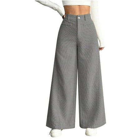 FNFYFH Womens Corduroy Wide Leg Pants Casual Baggy Palazzo Pants High Waisted Loose Dress Pants