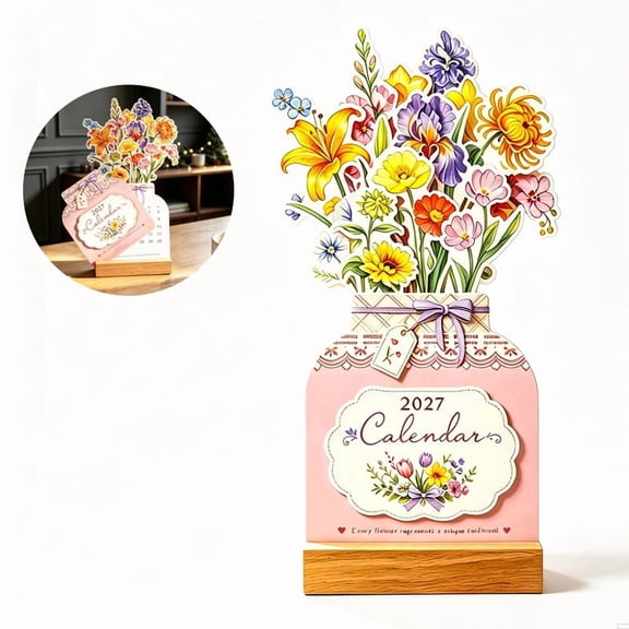 2027 Floral Vase Desk Calendar, Creative Flower‑Shaped Paper Table Calendar with Wooden Stand, New Year Decorative Desktop Monthly Calendar for Home Office Gift