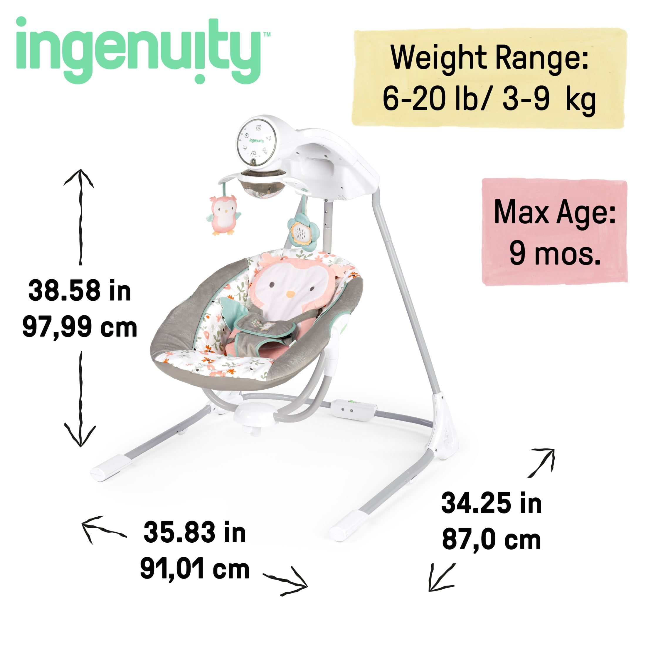 Ingenuity InLighten Baby Swing,  5-Speed, Swivel Infant Seat, Nature Sounds, Lights - Pink, Nally