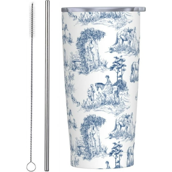 Blue Vintage Toile De Jouy 20oz Insulated Stainless Steel Tumbler With Lids And Straws Stainless Steel Double Wall Vacuum Insulated Travel Coffee Mug Leak-Proof Lid & Flip Lid For Hot And Cold Drinks