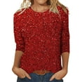 thumbnail image 1 of Women's Sequin T Shirt Design Three Sleeved Round Neck Fashion Top, 1 of 3
