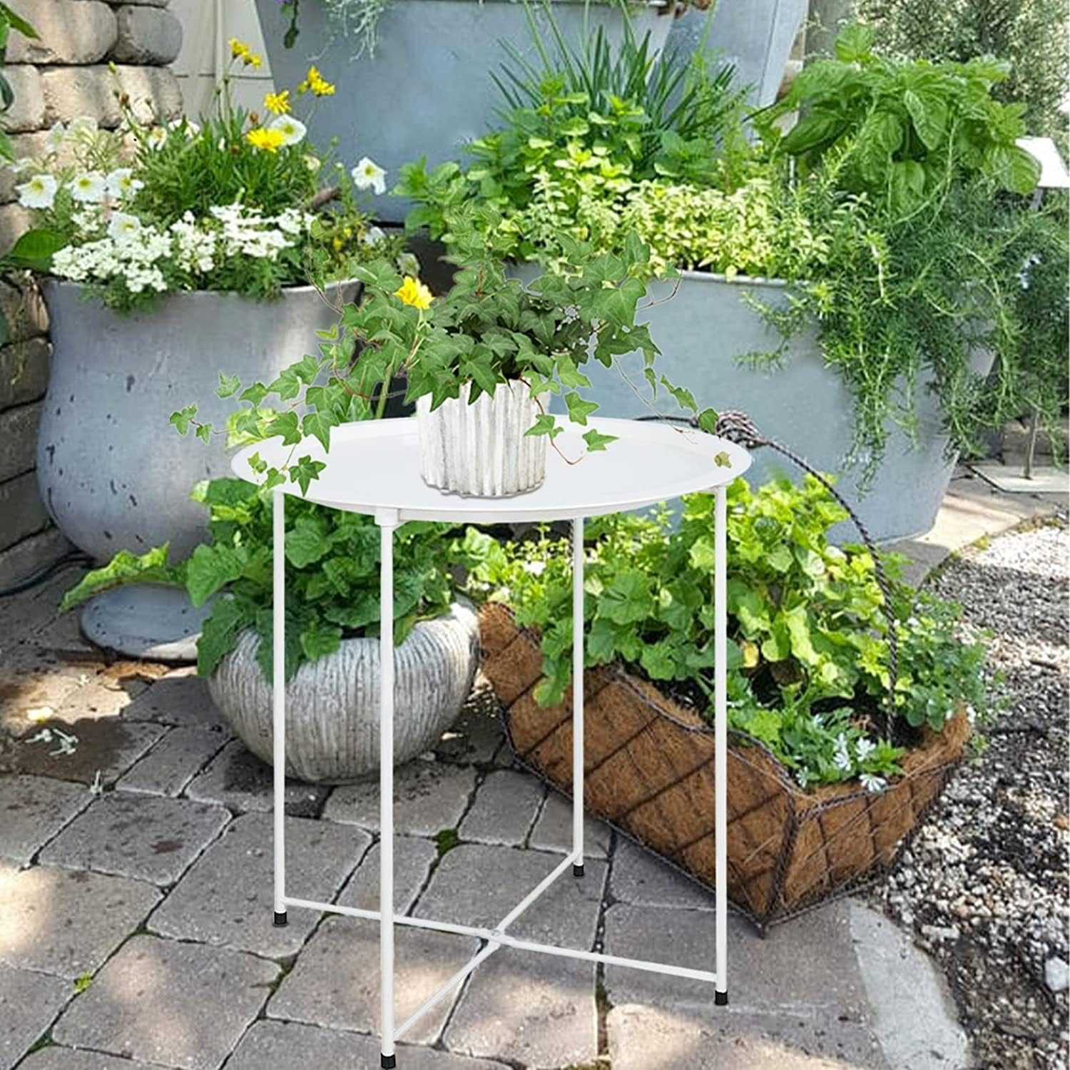 aboxoo Folding Tray Metal Side Table 2PC White Round End Table Cyan Sofa Small Accent Fold-able Table, Round End Table Tray, Next to Sofa Table, Snack Table for Living Room and Bed Room