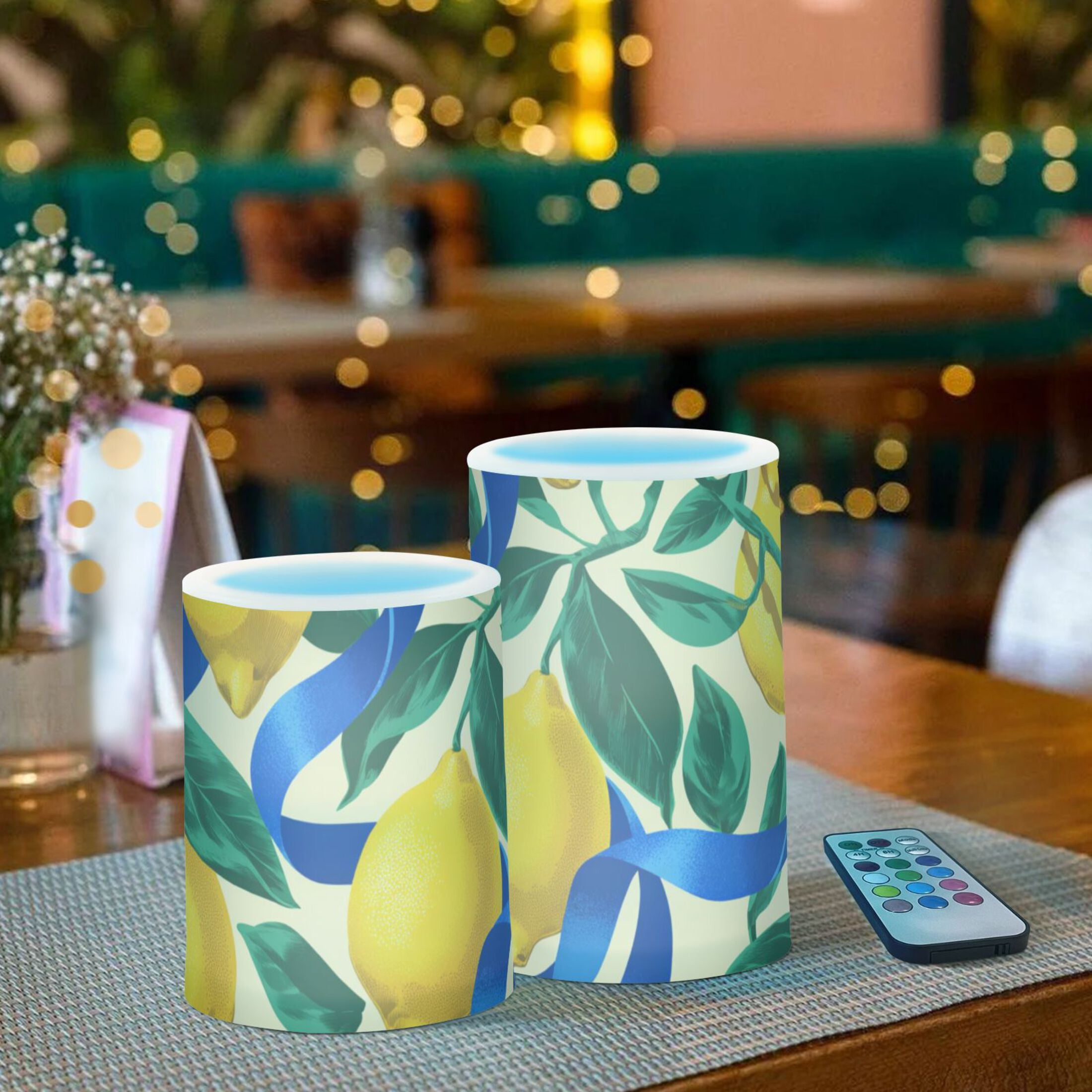 Lemons Leaves with Blue Ribbons Flickering Flameless Candles LED Tealight Battery Operated with Remote Set of 2 Holiday Decor Ornaments