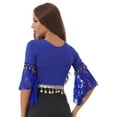 thumbnail image 6 of Alvivi Womens Lace Flared Sleeves Knot Front Shawl Glitter Bead Tassel Belly Dance Top Dancewear Royal Blue L, 6 of 7