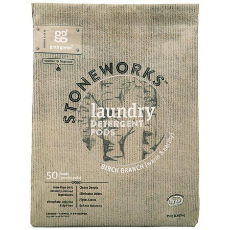 Grab Green Stoneworks Laundry Detergent Pods, Powered by Naturally-Derived Plant & Mineral-Based Powder Pods, Birch Branch, 50 Loadsâ??EPA Safer Choice