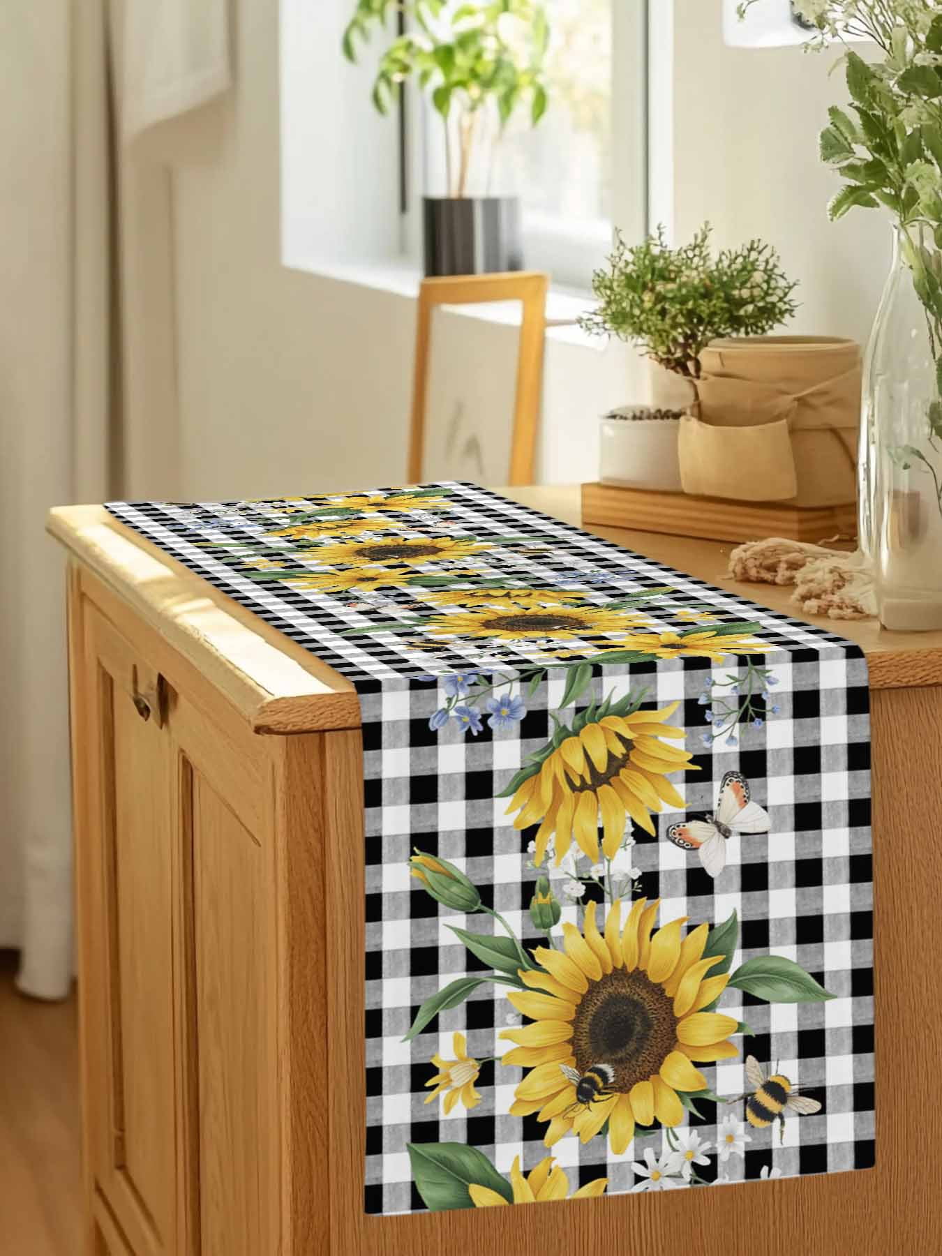 Yellow Sunflower Green Leaf Black Buffalo Plaid Table Runner 90 Inches Long, Farm Watercolor Plant Table Runners Tabletop Scarf Kitchen Dining Tables Decoration for Home Party Indoor Outdoor