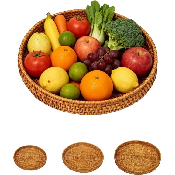 Handwoven Rattan Serving Basket, Round Wicker Tray for Table Decor, Brown 11.02"