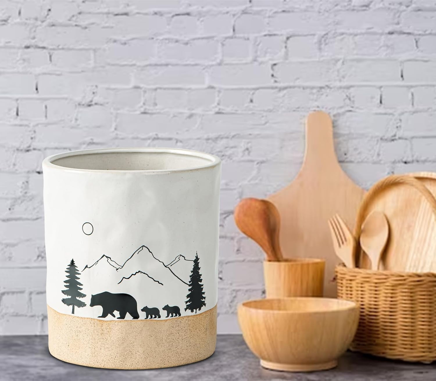 Bear Ceramic Kitchen Countertop Utensil Crock White Large Cooking Utensil Holder