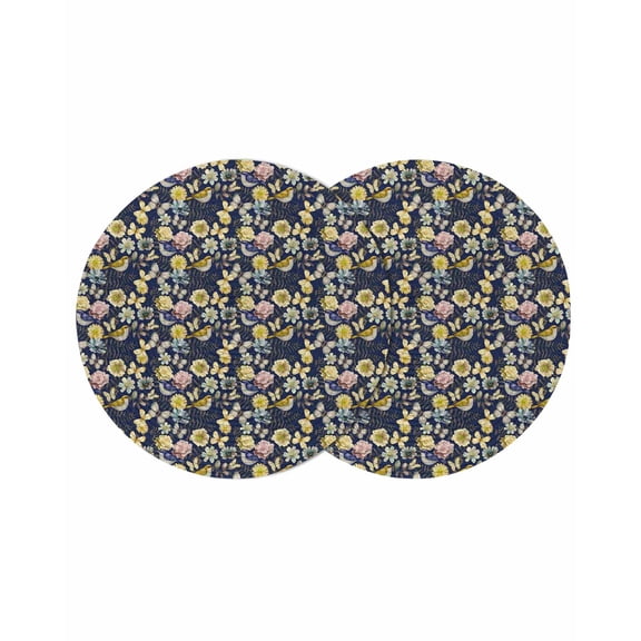 Vintage Flower Round 13 Inch Placemats Set of 2, Yellow Spring Floral Leaf Pastoral Birds Navy Blue HeatResistant Non Slip Place Mats for Dining Table, Wipeable Kitchen Table Mats for Housewarming