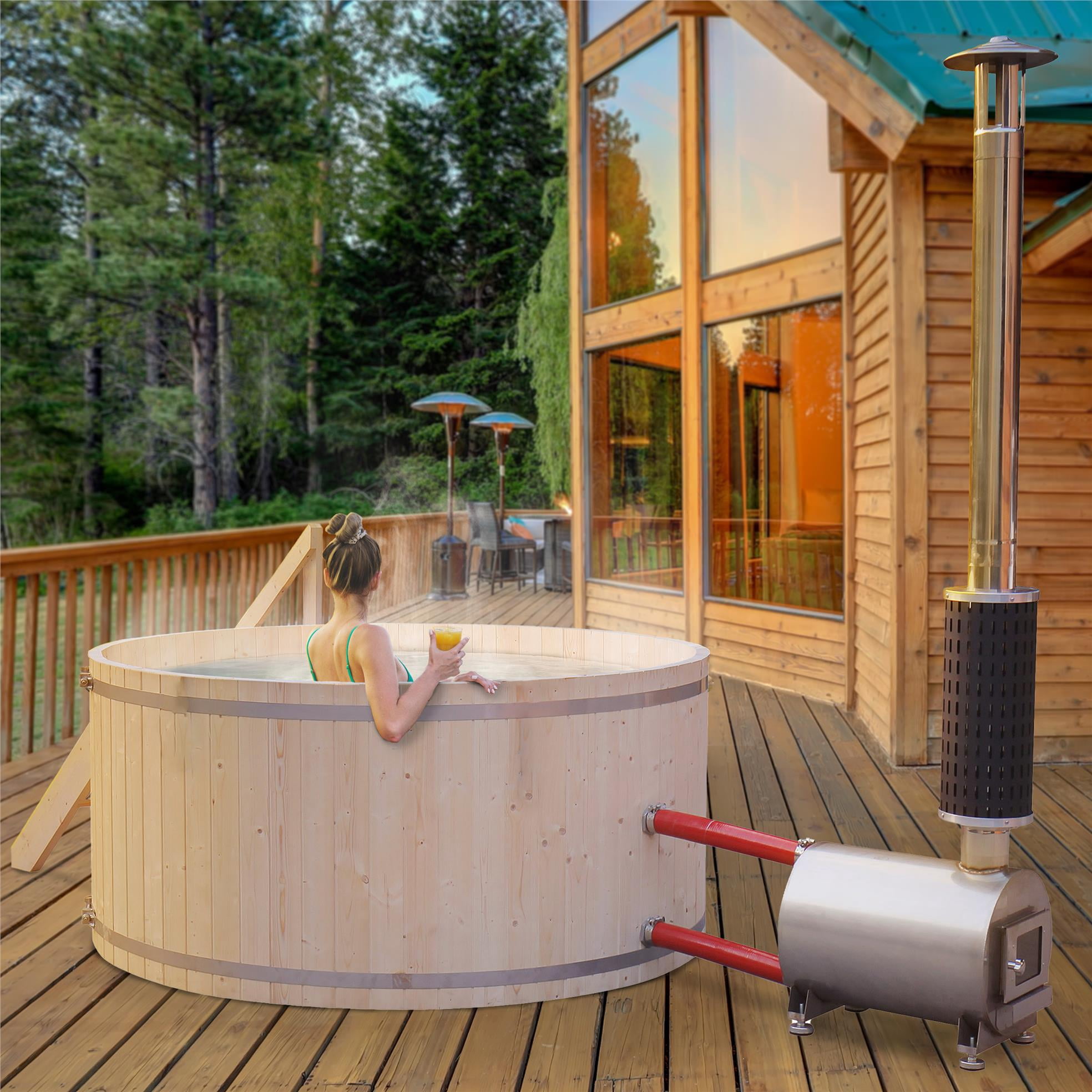 ALEKO PEWSHTUB Pine Hot Tub and Ice Bath 4-5 Person with Wood-Fired Heater