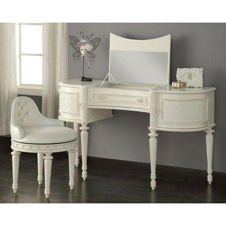 Simple Relax Dorothy Vanity Makeup Table Flip Top Mirror Jewelry Swivel Pu Chair Pearl White