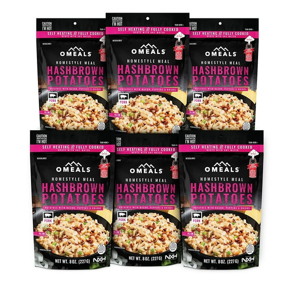 OMEALS 6 Pack Hashbrown Potatoes W/Bacon, Onions & Peppers MRE, Sustainable Premium Outdoor Food, Emergency Supplies