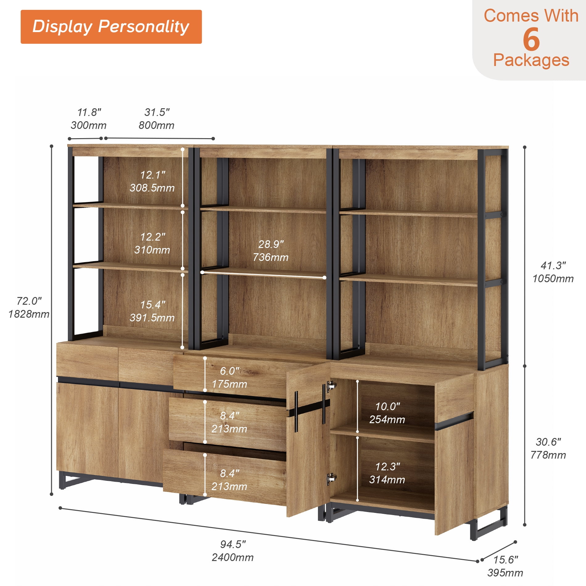 WAMPAT 3-Piece Modern 72" Tall Library Bookcase with 3 Drawers & Open Shelving,Freestanding Wood Bookshelf with Storage Cabinet & Adjustable Shelves for Home Office & Living Room, Oak