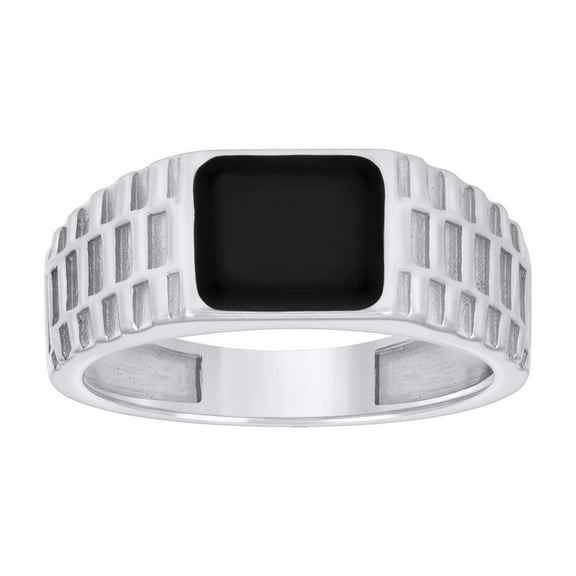 925 Sterling Silver Men's 8mm Grooved Black Enameled Square Pinky Ring | Size 7