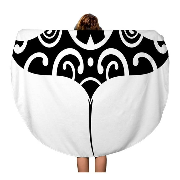 POGLIP 60 inch Round Beach Towel Blanket Tattoo Maori Manta White Tribal Pattern Polynesian Tiki Aloha Travel Circle Circular Towels Mat Tapestry Beach Throw