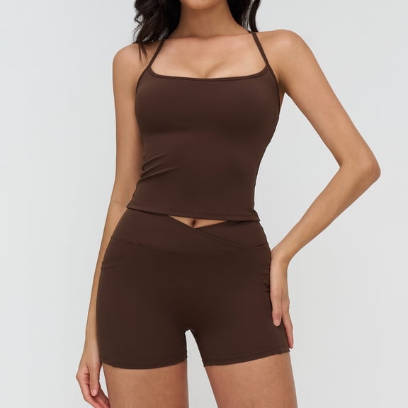 PISONIC Women 2 Piece Workout Sets Crossover High Waisted Biker Shorts with Pockets Built in Bra Racerback Tank Tops
