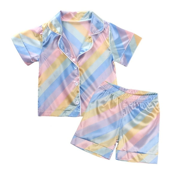 Kids Baby Girl Boy Pajama Sets Rainbow Striped Print Short/Long Sleeve Tops+Pants Sleepwear Nightwear Long Sleeve 4-5 Years