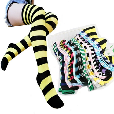 

Xyer Stockings Color Block Striped Women Over The Knee Thigh High Socks for Christmas Black White Fine Stripe