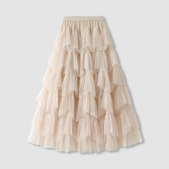 FAOWME Women's Skirt High Waist Solid Color A Line Pleated Ruffle Calf Length Chiffon Comfortable Fashion Mesh Skirts For Festive And Party,Beige,One Size