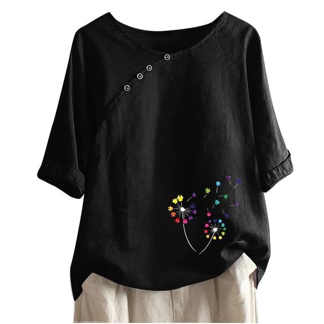 Blusas de Manga Corta para las Mujeres Impresas Cuello Redondo Camiseta Casual, Blusa de Algodón de Imitación para las Mujeres