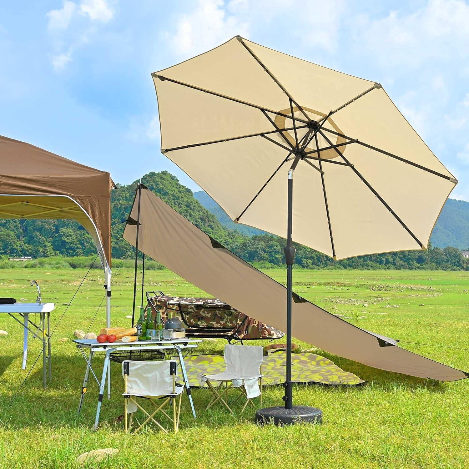 10ft Solar LED Outdoor Market Tilt Patio Umbrella, Beige