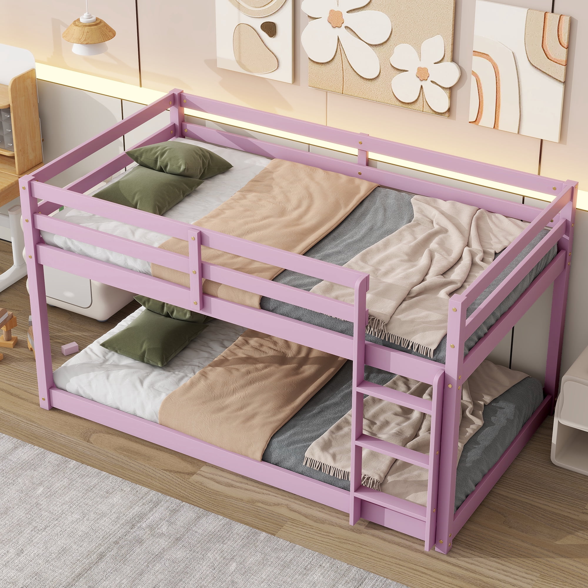 Alvantor Wooden Bunk Bed Twin over Twin Floor Bunk Bed with Safety Rail, Ladder for Children Boys Girls Pink
