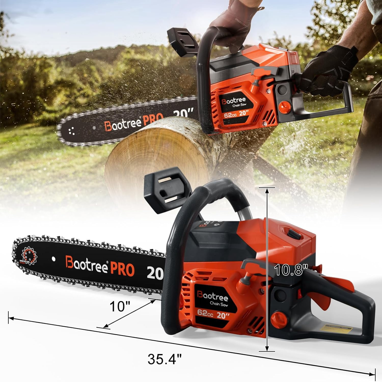 Baotree 20 Inch professional chainsaws, equipped with a two-stroke engine and shock absorption system, quick start technology, suitable for logging, wood splitting and felling operations.