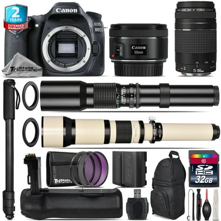 - Canon EOS 80D DSLR + 50mm f/1.8 IS STM + 75-300mm III + Battery Grip - 32GB Kit