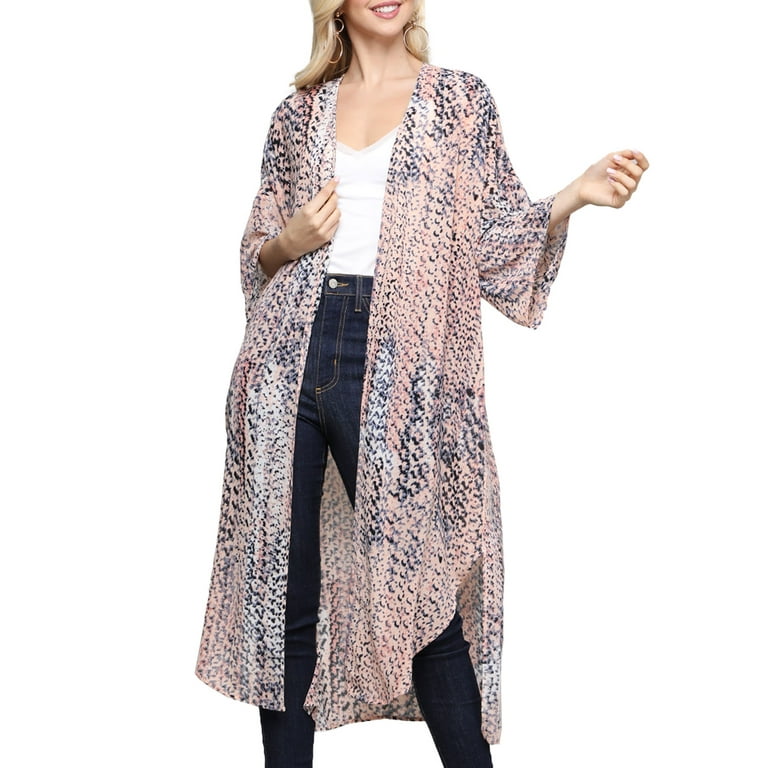 Doublju Women's 3/4 Sleeve Long Chiffon Kimono Cardigan. Plus Size  Available.