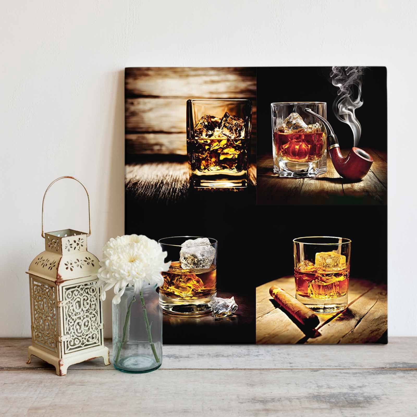 Whisky Glass Canvas Wall Art, Wine Cigars Old Wood Grain Ice Cubes Framed Wall Decor Modern Artwork Prints Painting for Living Room, Bedroom, Kitchen & Cafe Decor 28x28 Inch