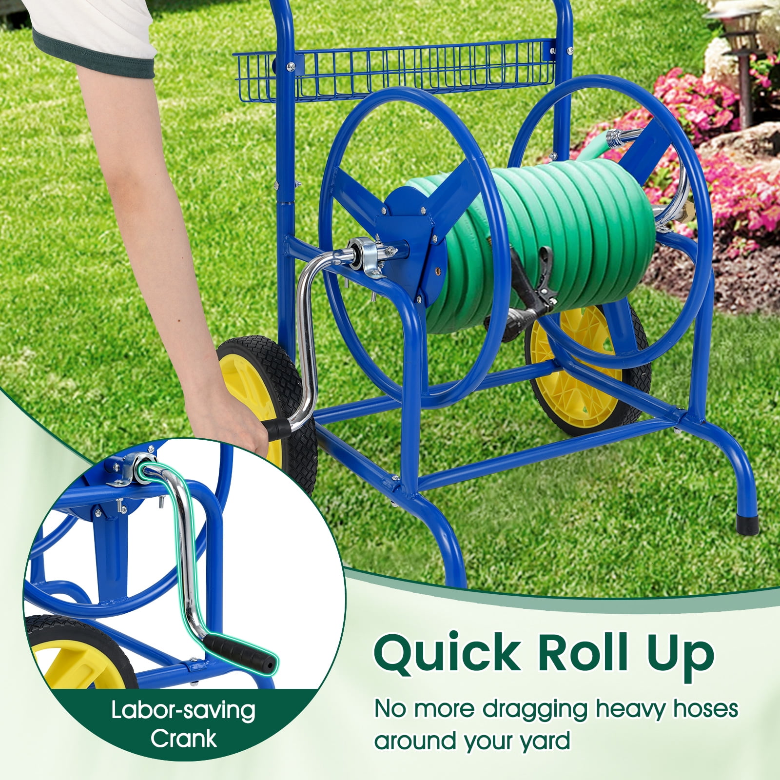 Gymax Garden Hose Reel Cart 230 FT of 5/8'' Large Capacity w/ 2 Wheels Storage Basket Blue
