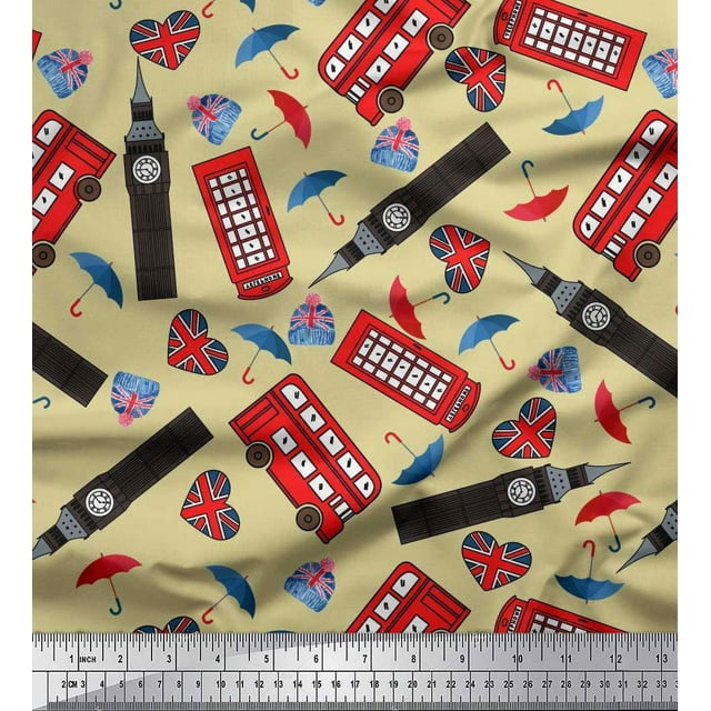 Soimoi Velvet Fabric Bus,Telephone Booth & London Clock Tower Architectural Print Sewing Fabric Yard 58 Inch Wide