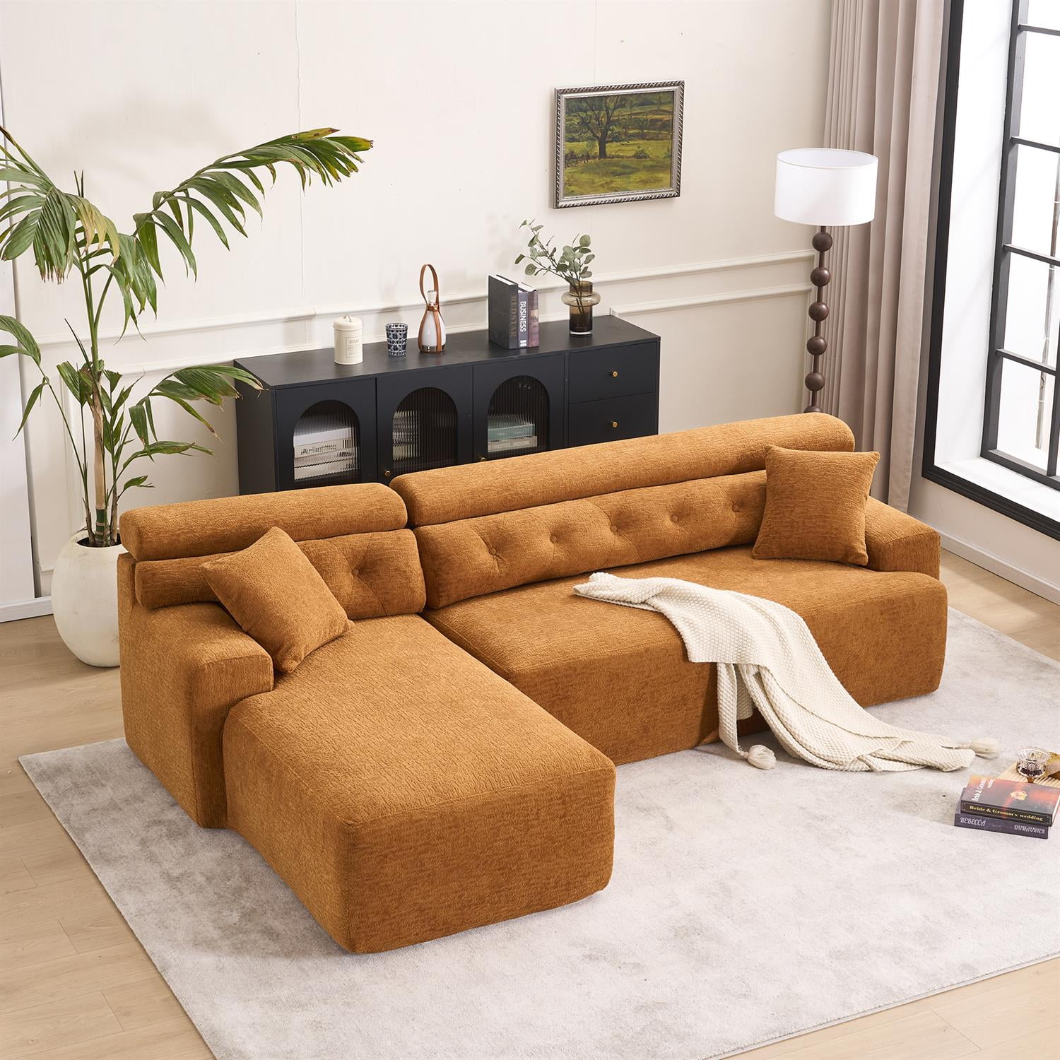 Demi Bonn 105" Modern L-Shaped Sectional Sofa, 3-Seater Couch with Chaise Lounge, 2 Accent Pillows, Wood Grain Chenille Fabric for Living Rooms, Orange