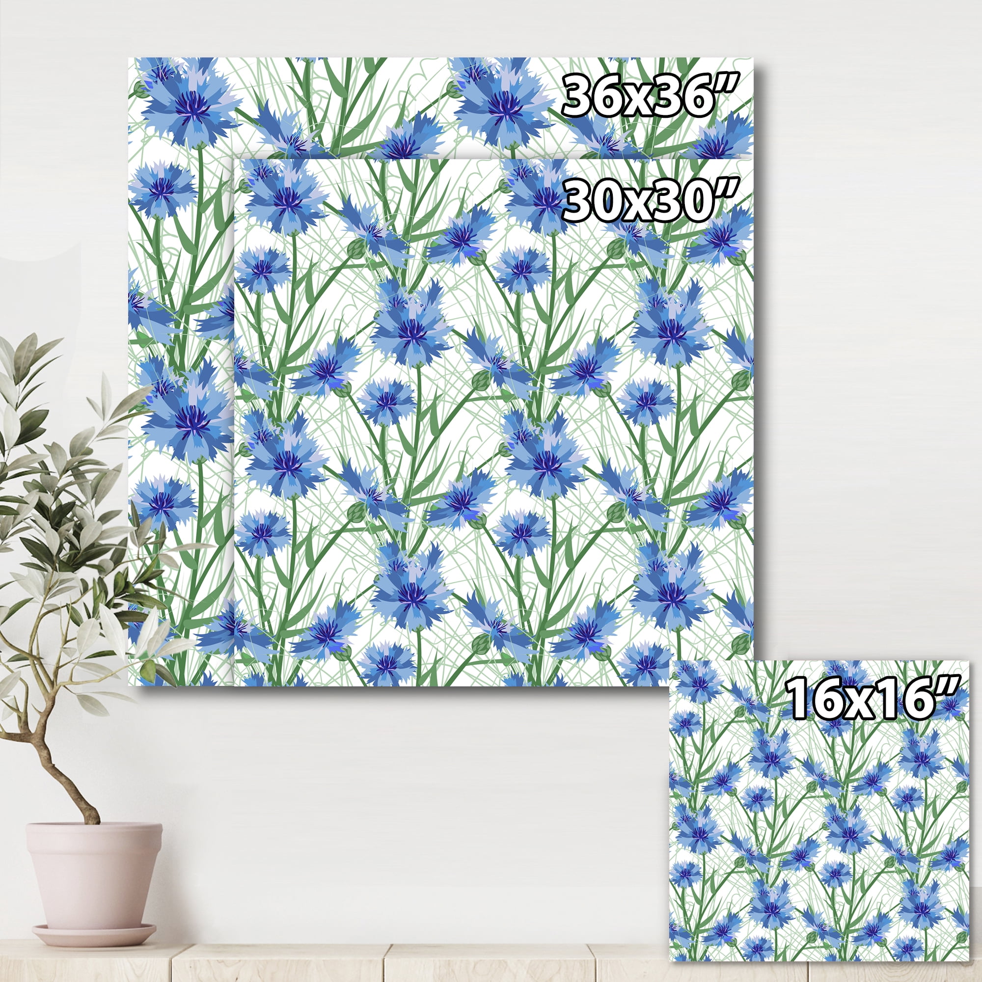 Designart ' Blue Cornflowers With Green Leaves On White I ' Traditional Canvas Wall Art Print