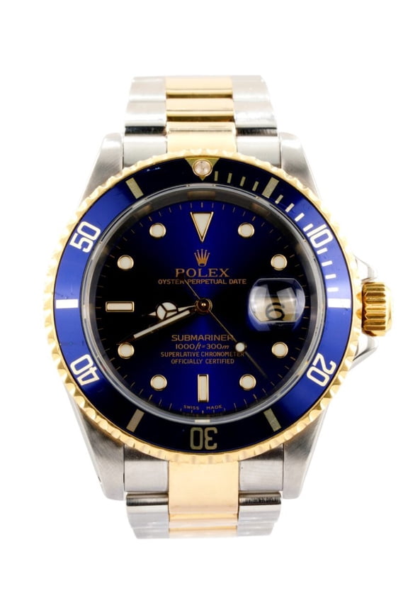 Pre-Owned Mens Rolex Two-Tone Submariner 16613 Watch with Blue Dial and Bezel