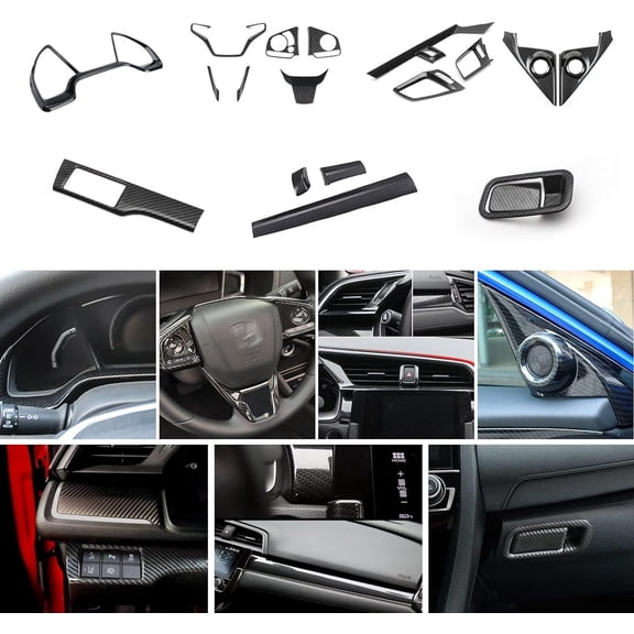 Xotic Tech Interior Center Console Stripe Dashboard Panel Pillar Speaker Steering Wheel Molding Cover Trim Combo Kit, Carbon Fiber Pattern, Compatible with Honda Civic 10th Gen DX EX 2016-2021