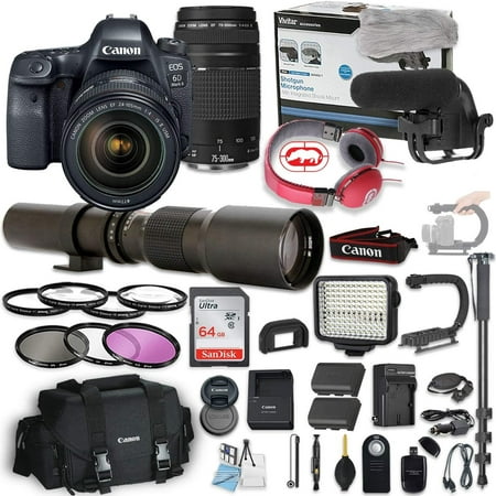 Image of Canon EOS 6D Mark II DSLR Camera w/ 24-105mm f/4L is II USM Lens + Canon 75-300mm Lens + 500mm Preset Lens + Professional Video Accessory Bundle Includes ECKO Headphones Microphone LED Light & More