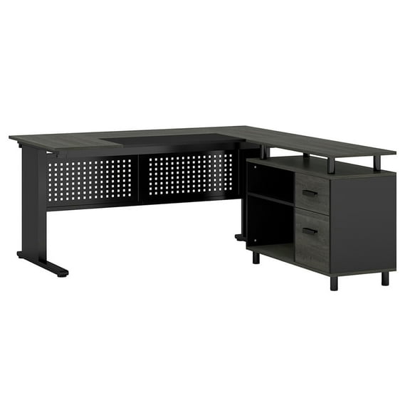 YYAo Gaming Desk, Computer Desk,Industrial L-Shaped Desk, 63" Computer Executive Desk with File Cabinet, Gray & Black