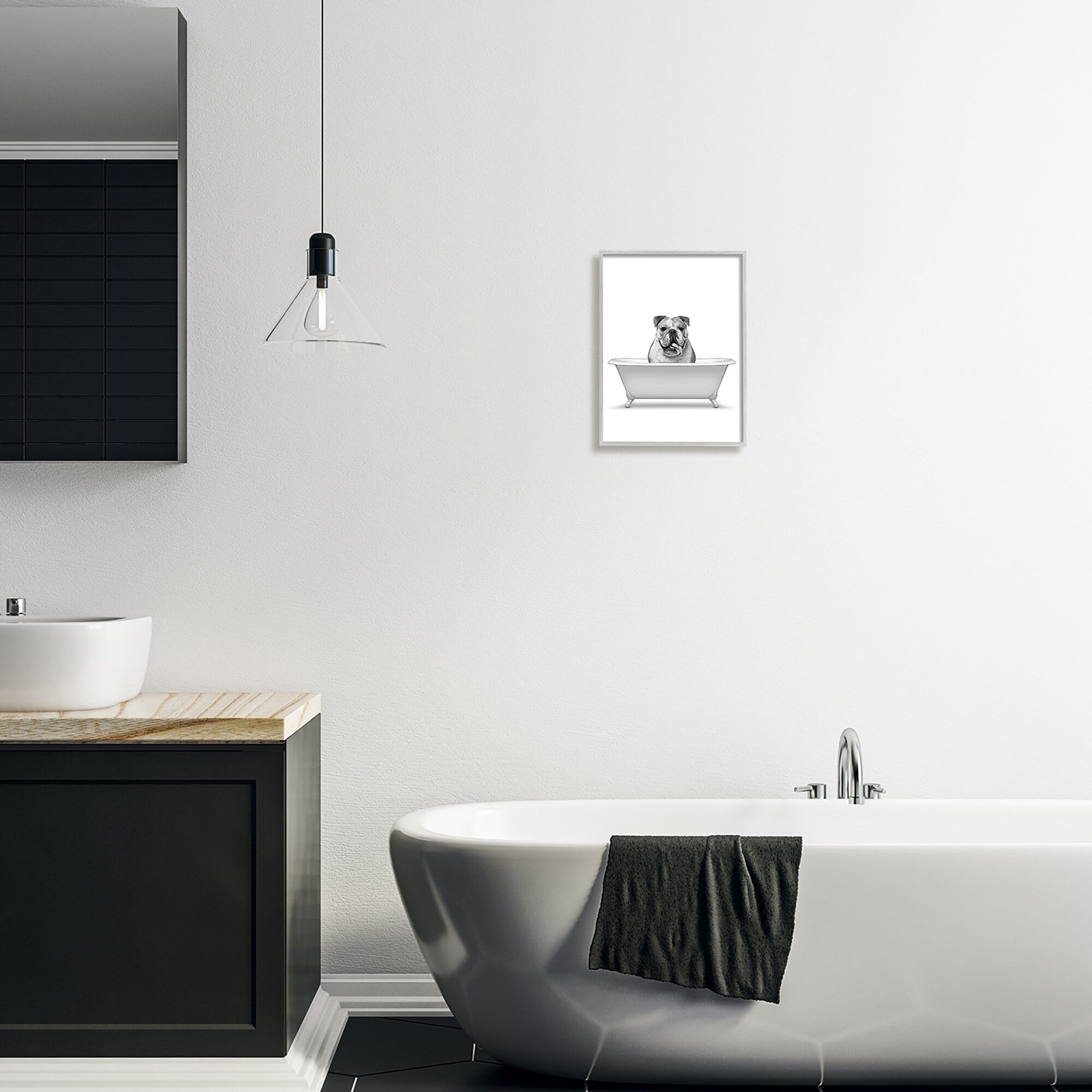 Stupell Industries Bulldog In Tub Bathroom Animal Animals & Insects Painting Gray Framed Art Print Wall Art