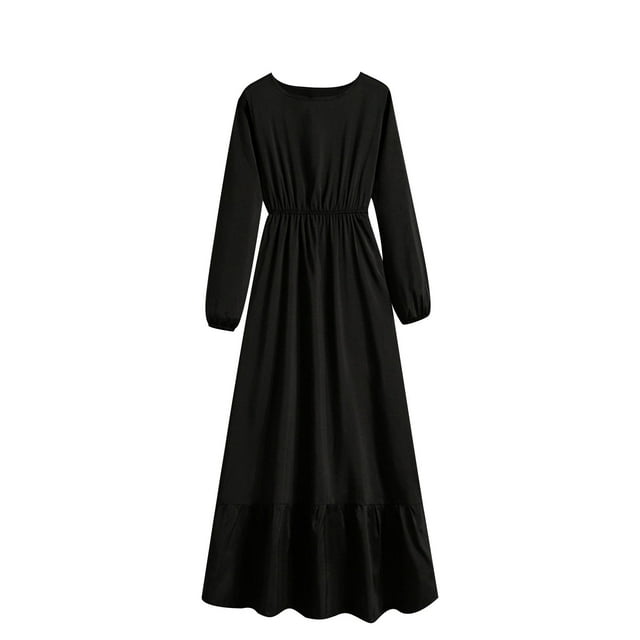 QIPOPIQ Womens 2024 Long Sleeve Crew Neck Empire Waist Ruffle Smocked Midi Dress Clearance