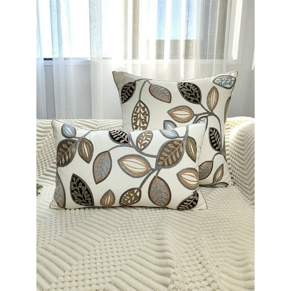 1pc, Leaf Embroidered Decorative Throw Pillow Case, Canvas Cushion Cover For Living Room, Home Decor