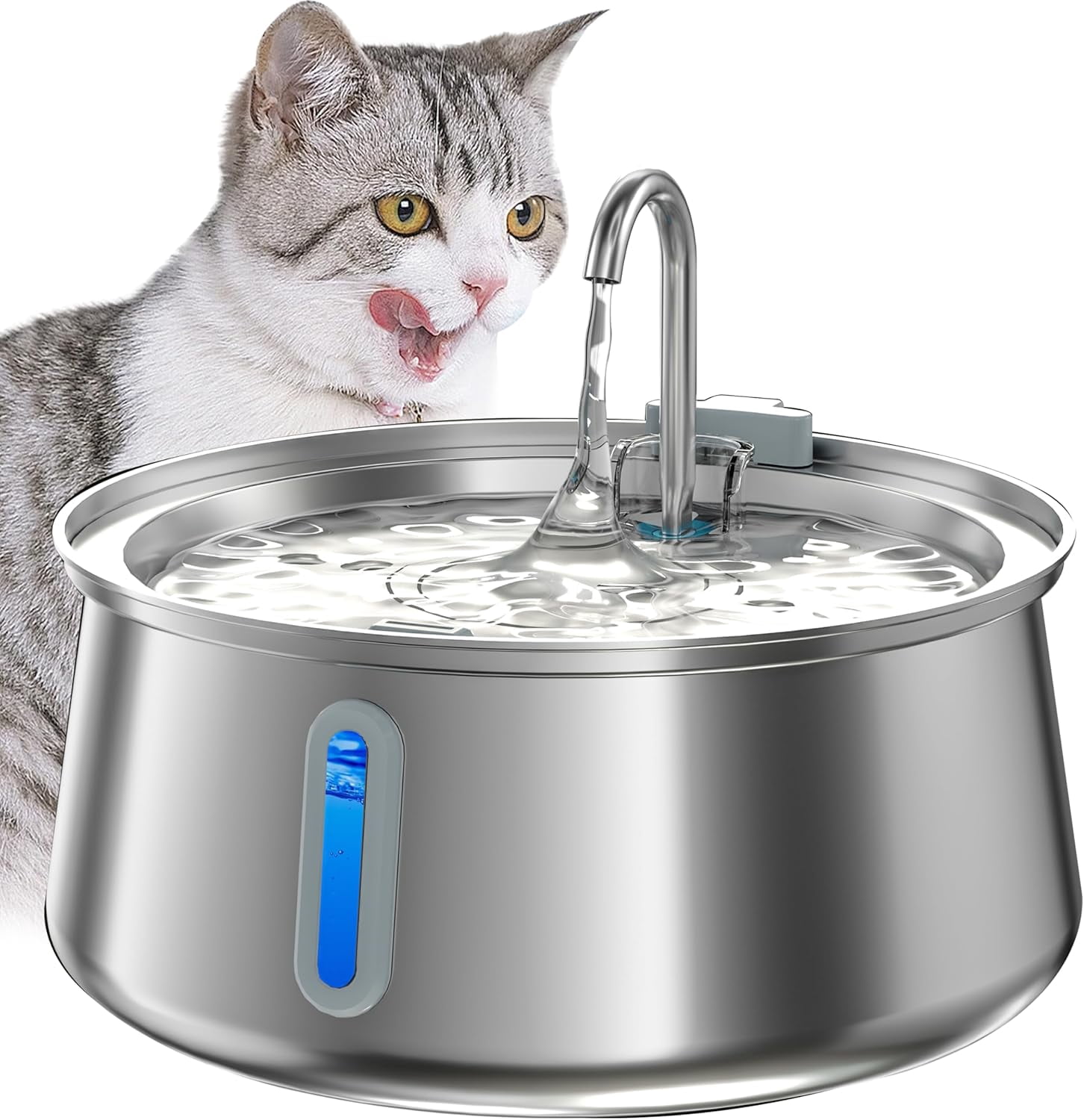 Stainless Steel Cat Water Fountain,Pet Water Fountain 4L/135oz Large Capacity,Dog Water Dispenser with Water Level Window, Multiple Filtration, Quiet Automatic Pet Fountain Easy Clean,2Faucet