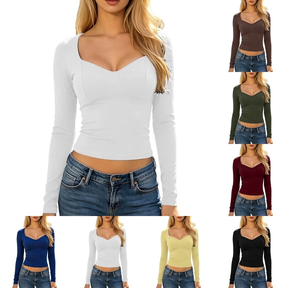 DHFJKG Long Sleeve T Shirts For Women V Neck Low Cut Crop Tops Fall Slim Fit Basic Tees