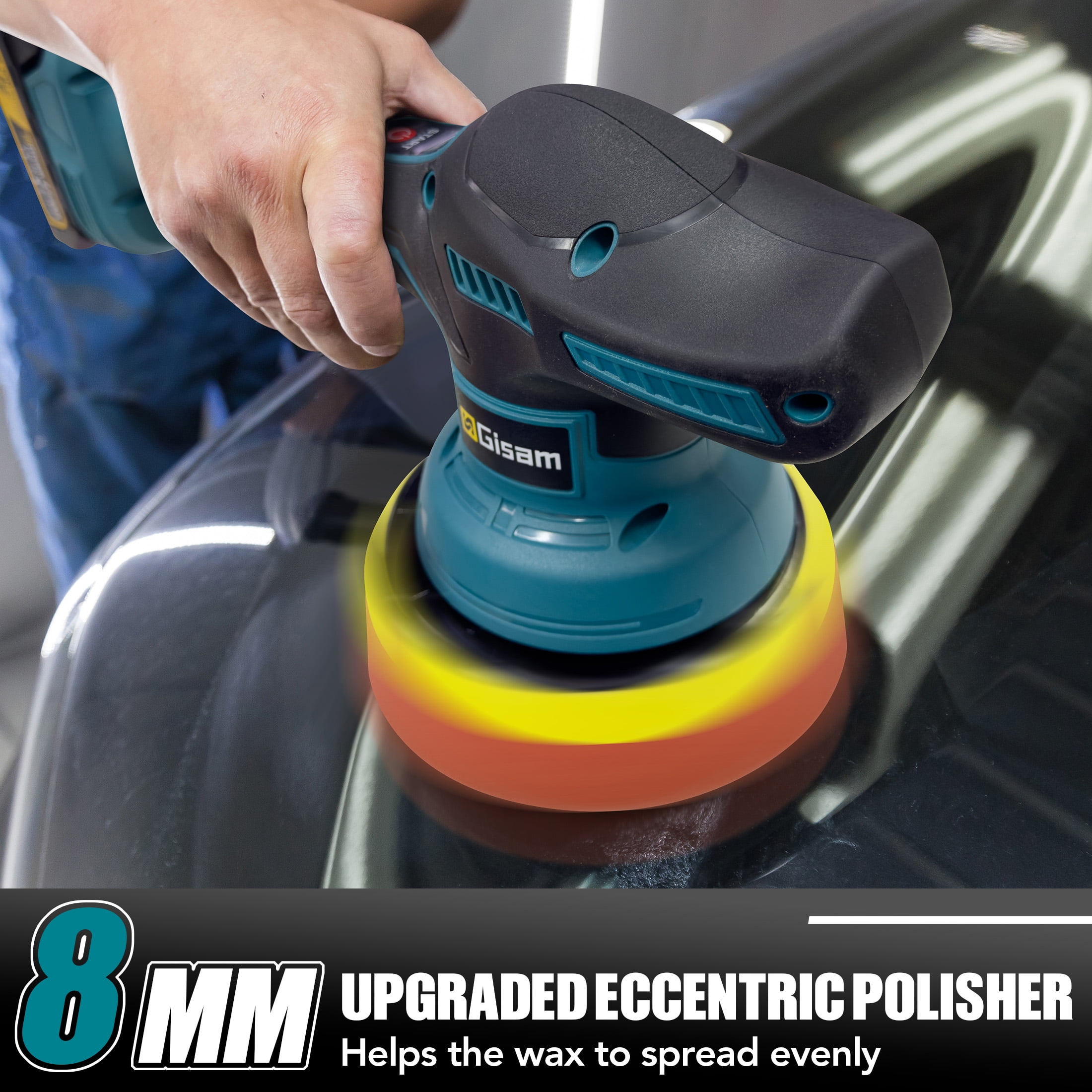 Gisam Cordless Car Buffer Polisher, 8 Variable Speed Auto Orbital Polishing Kit, with 2*21V 2.0Ah Battery for Car Wood Detailing/Polishing/Waxing/Scratch Removing