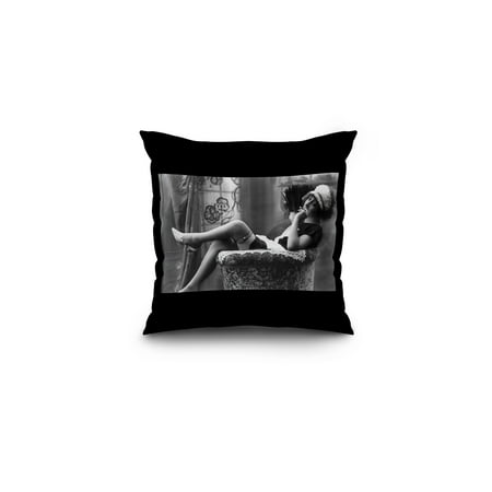 Pin-Up Girl in French Maid Outfit Smoking and Sitting- Vintage Photograph (16x16 Spun Polyester Pillow, Black