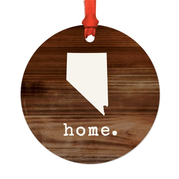 US State Round Metal Christmas Ornament, Rustic Wood Print, Nevada, Includes Ribbon and Gift Bag